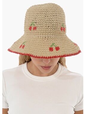 Hand-Crocheted Cherry-Accent Bucket Hat - Beige with Red Trim